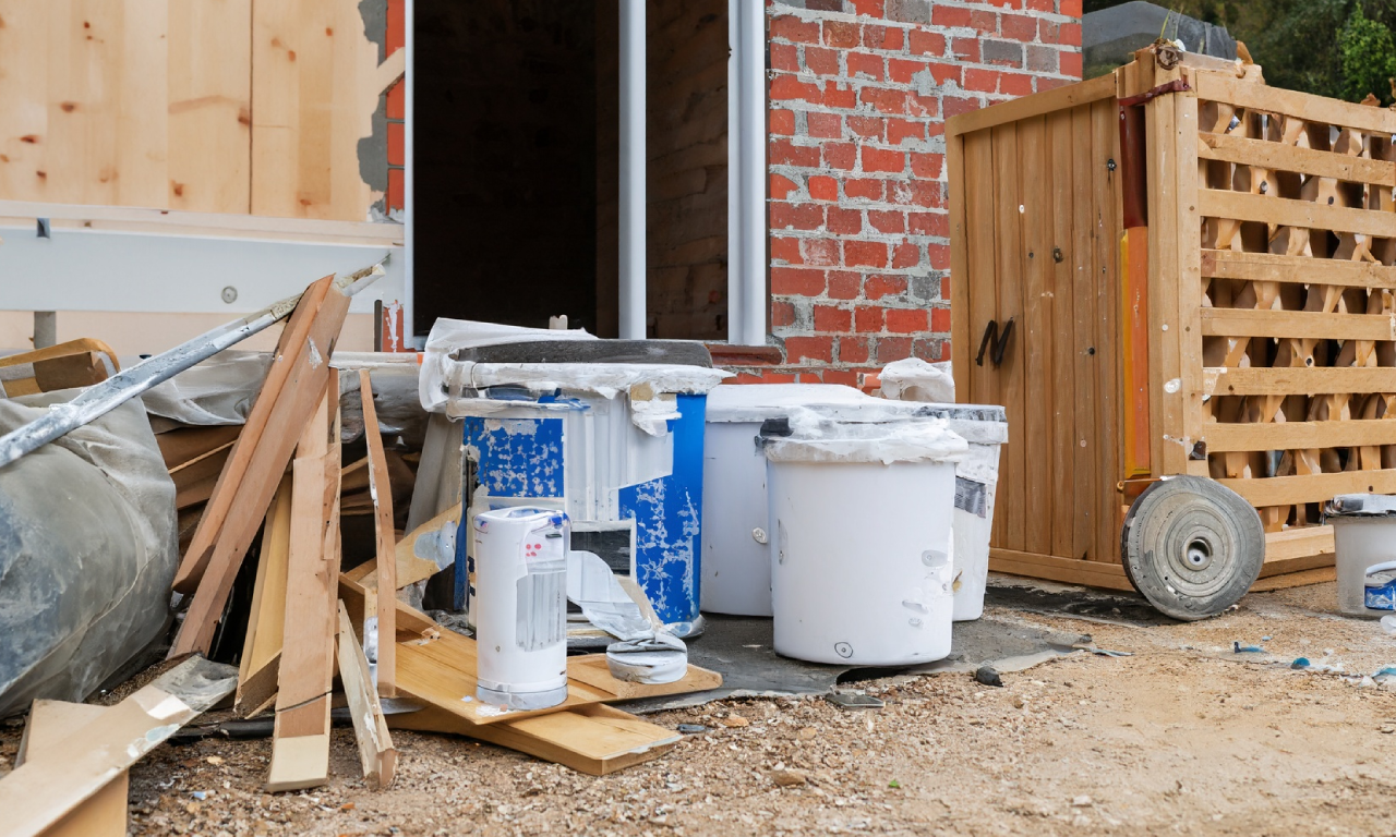 An image of home renovation waste sitting outside of the house